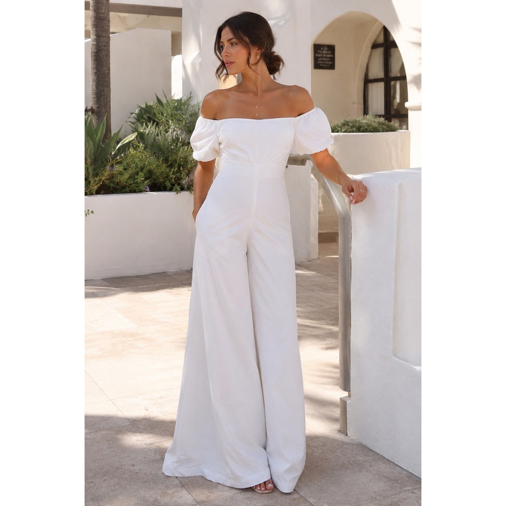 Club L London White Off The Shoulder Wide Leg Jumpsuit US 2 UK 6 EU 34